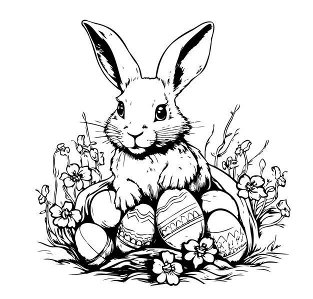 Conejo con huevos de Pascua Ilustración de dibujo grabado Ilustración vectorial de arte de línea