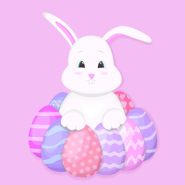 Un conejo con huevos a su alrededor Feliz Pascua Ilustración vectorial de Pascua