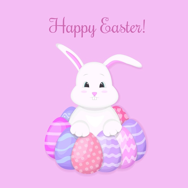Un conejo con huevos a su alrededor Feliz Pascua Ilustración vectorial de Pascua