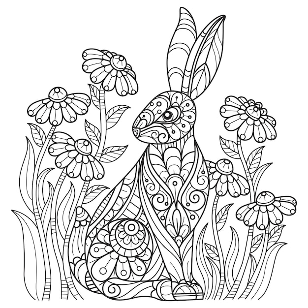 Conejo y jardín de flores dibujado a mano para libro de colorear para adultos