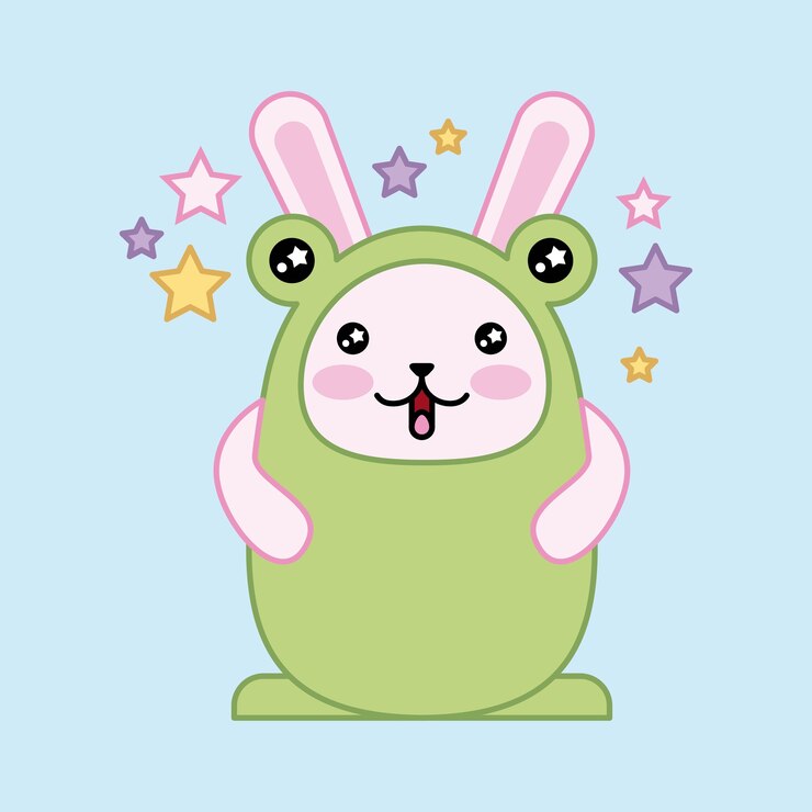 Vector conejo kawaii día de pascua disfrazado de sapo sonriente estrellas coloridas