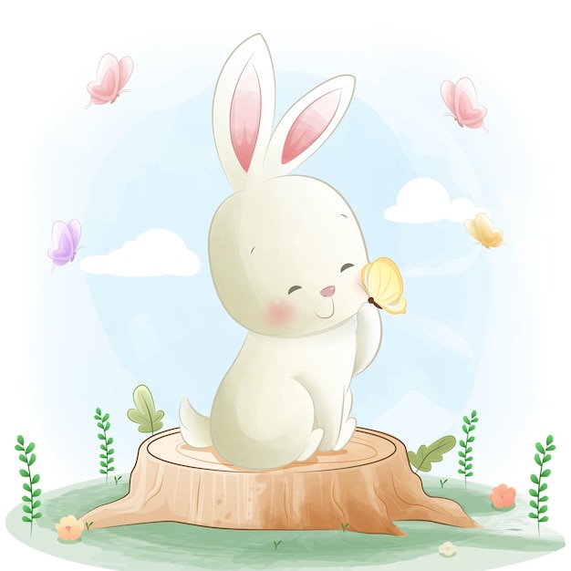 Conejo lindo bebé con ilustración vectorial floral