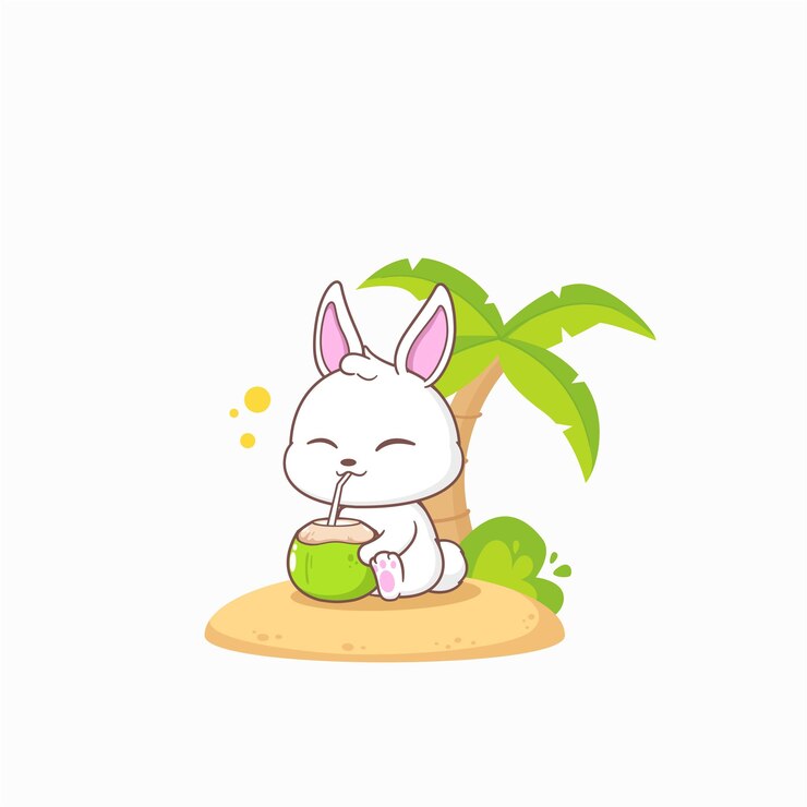 Un conejo lindo bebiendo agua de coco