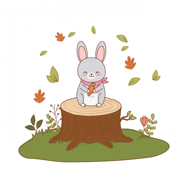 Vector conejo lindo en el campo arbolado personaje