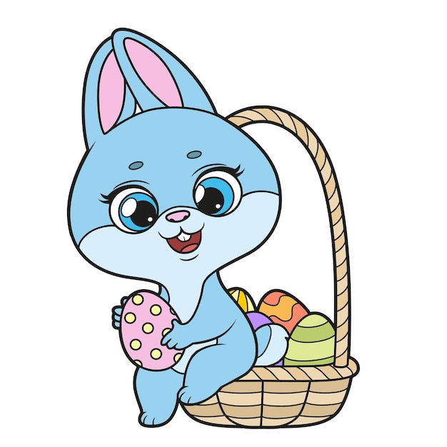 Conejo lindo con una canasta grande con huevos decorados de Pascua variación de color en un fondo blanco