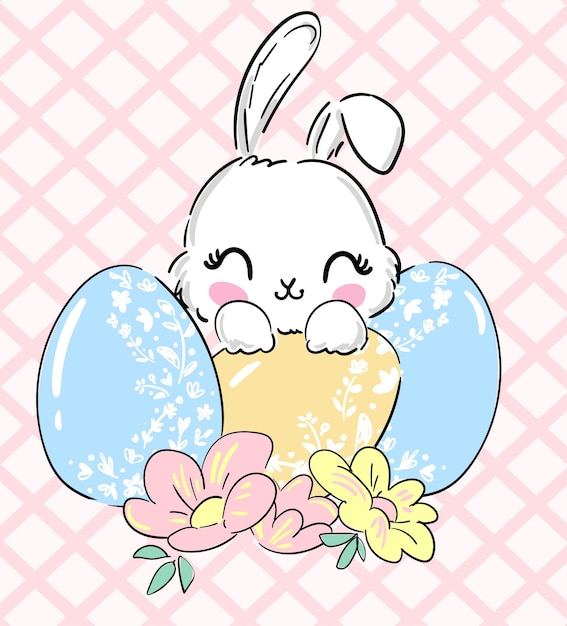 Conejo lindo dibujado a mano para pascua con huevos y flores ilustración vectorial