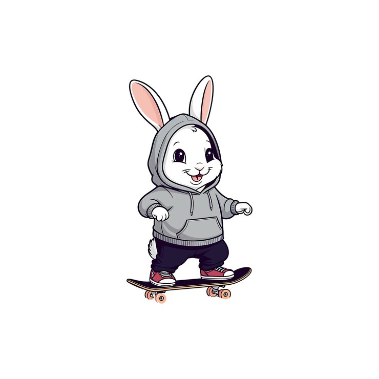 Vector un conejo lindo de dibujos animados patinando en un vector de sudadera con capucha