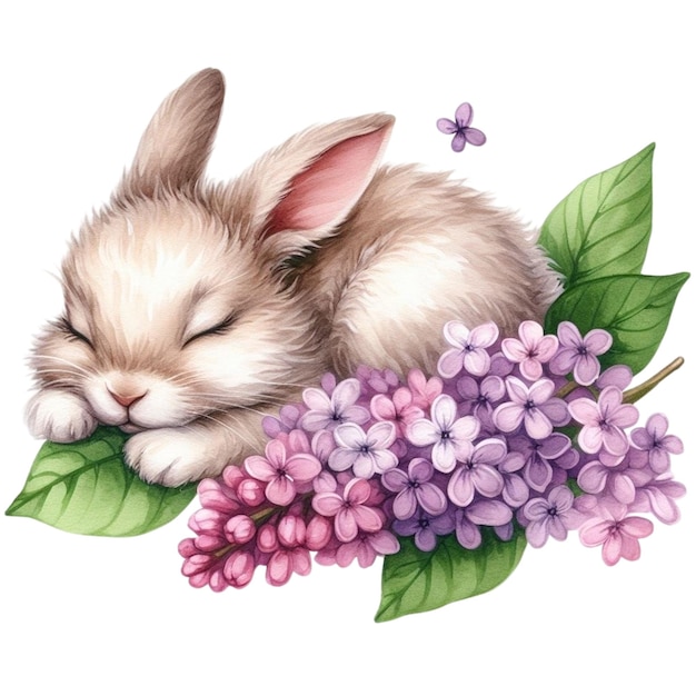 Vector un conejo lindo durmiendo en una flor clipart acuarelas