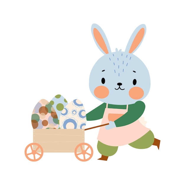 Conejo lindo empujando un carro con huevos de Pascua personajes y elementos de Pascua Feliz libro de recortes de Pascua