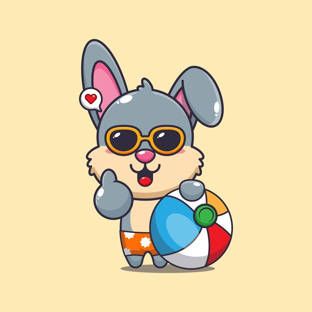 Conejo lindo con gafas de sol con ilustración de dibujos animados de pelota de playa Ilustración de dibujos animados de verano