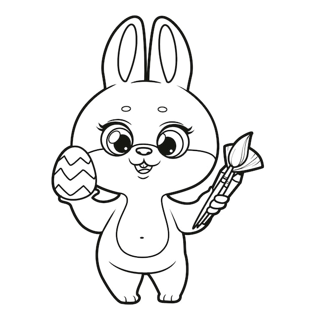 Un conejo lindo con un huevo de Pascua y pinceles de pintura en las patas delineados para colorear sobre un fondo blanco