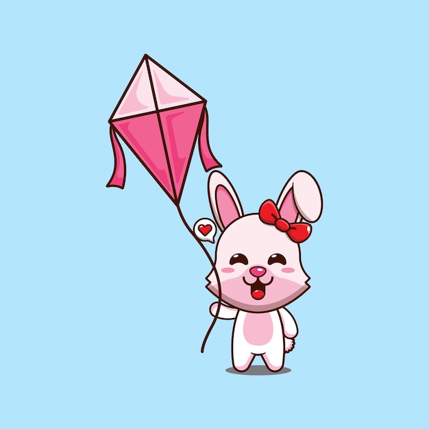 Un conejo lindo jugando a la cometa. Ilustración vectorial de dibujos animados.