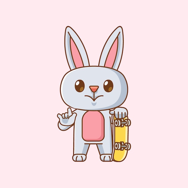 Conejo lindo jugando a la patineta animal kawaii chibi personaje mascota ilustración estilo de contorno
