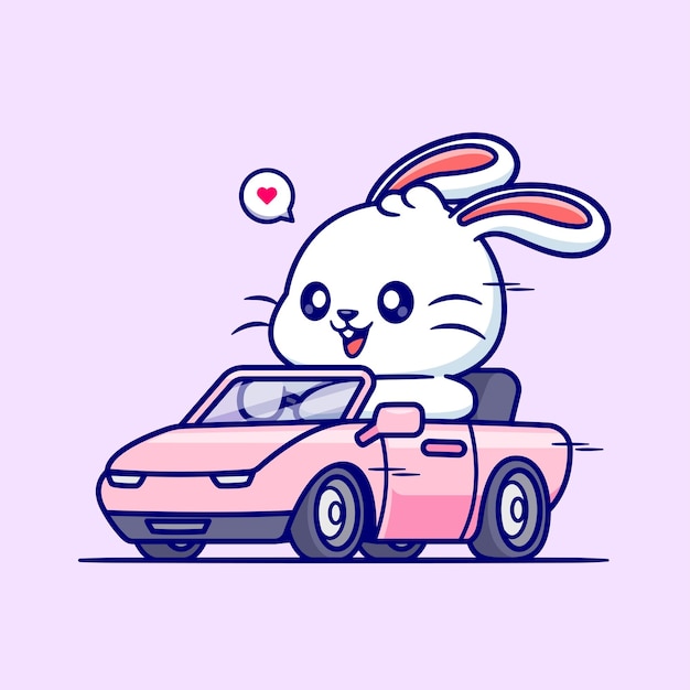 Conejo lindo montando un coche de dibujos animados Icono vectorial Ilustración Transporte de animales Vector plano aislado