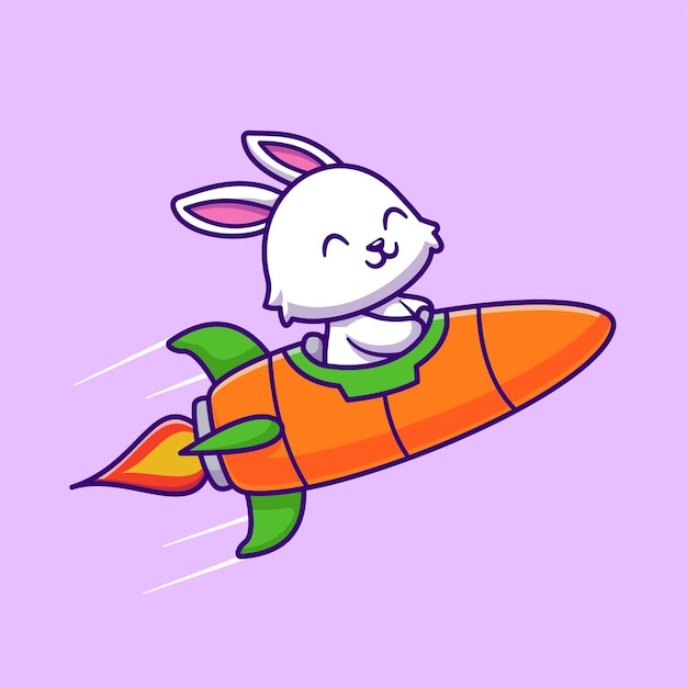 Vector conejo lindo montando zanahoria cohete dibujos animados icono vectorial ilustración transporte de animales aislado