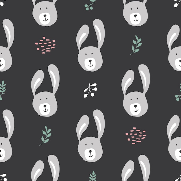 Conejo lindo patrón sin costuras Animales de dibujos animados en el fondo del bosque Ilustración vectorial
