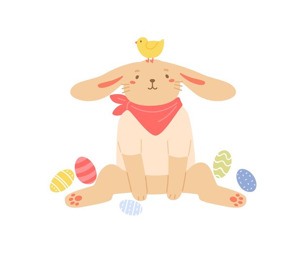 Conejo lindo sentado con huevos de Pascua pintados Conejo gracioso con pollo en la cabeza Ilustración vectorial plana de colores aislada sobre fondo blanco