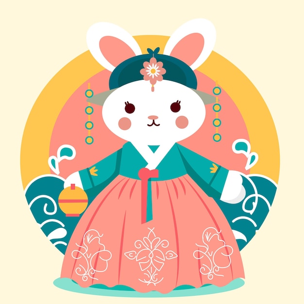 el conejo lindo shio coreano con el vector plano hanbok