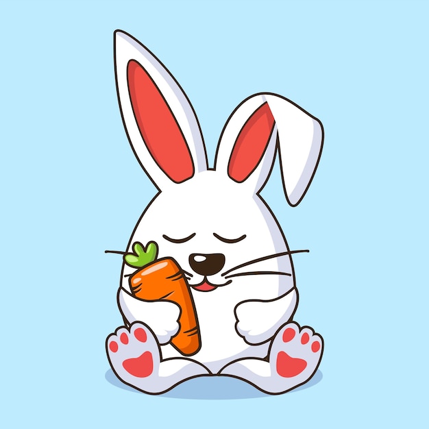 Conejo lindo sosteniendo zanahoria Icono animal Flat Cartoon Style Conejo de Pascua en forma de huevo Diseño de dibujos animados para pegatinas de tarjetas de felicitación o calendario