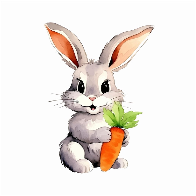 Un conejo lindo con una zanahoria en la mano. Pintura de acuarela.