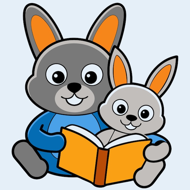 Conejo Madre y bebé Conejo Libro de lectura Icono vectorial de dibujos animados Ilustración Icono de educación de animales Concepto aislado Estilo de dibuyos animados plano vectorial premium