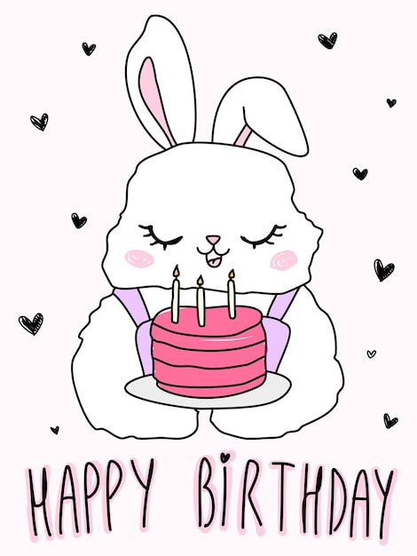 Conejo de mascota de dibujos animados lindo Texto de conejito de feliz cumpleaños Ilustración de garabato animal con pastel para bebé