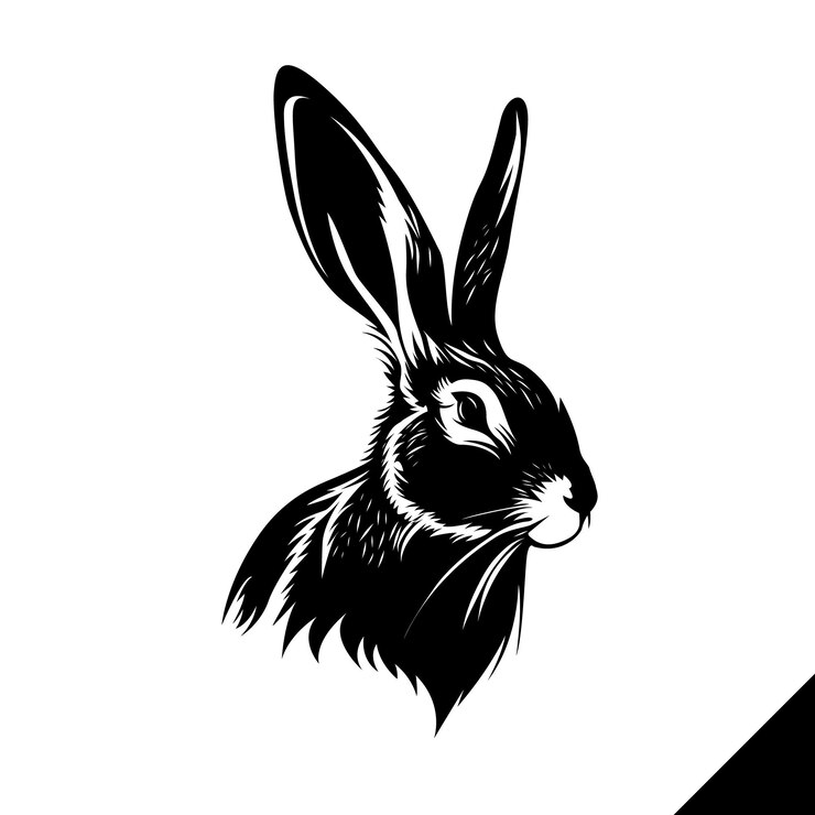 Un conejo negro con fondo blanco y cabeza de conejo negra.