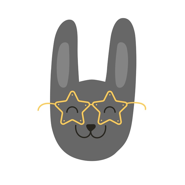Conejo negro vectorial con gafas de estrellas, cabeza de lindo conejito para niños, símbolo del año nuevo chino