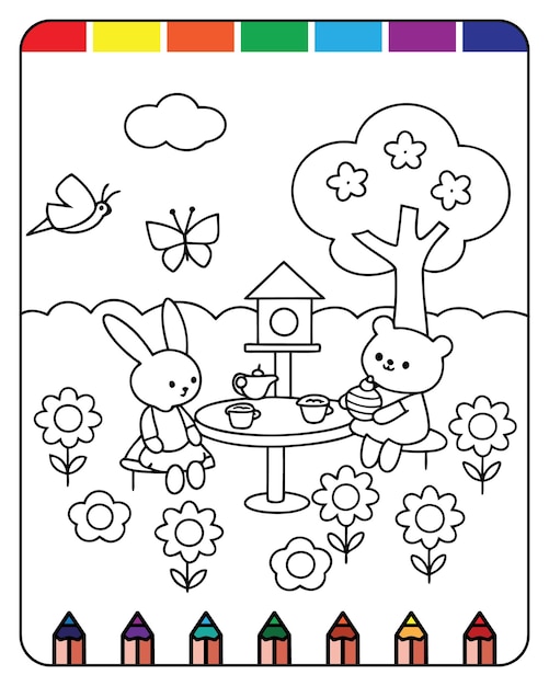 Conejo y oso fiesta de té fiesta de té niños divertidos páginas para colorear para imprimir