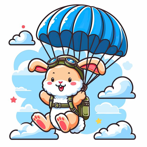Vector conejo con paracaídas en el cielo