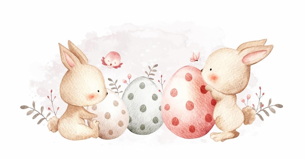 Conejo de Pascua acuarela con huevos