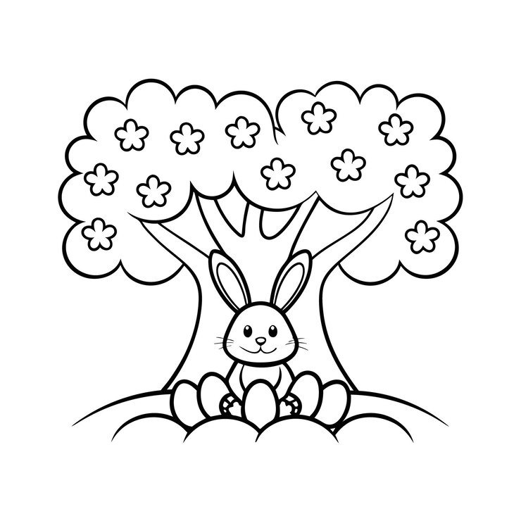 Conejo de Pascua bajo un árbol en flor