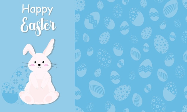 Conejo de Pascua blanco y huevos Inscripción Feliz Pascua y lindo conejito sobre fondo azul Huevo de Pascua