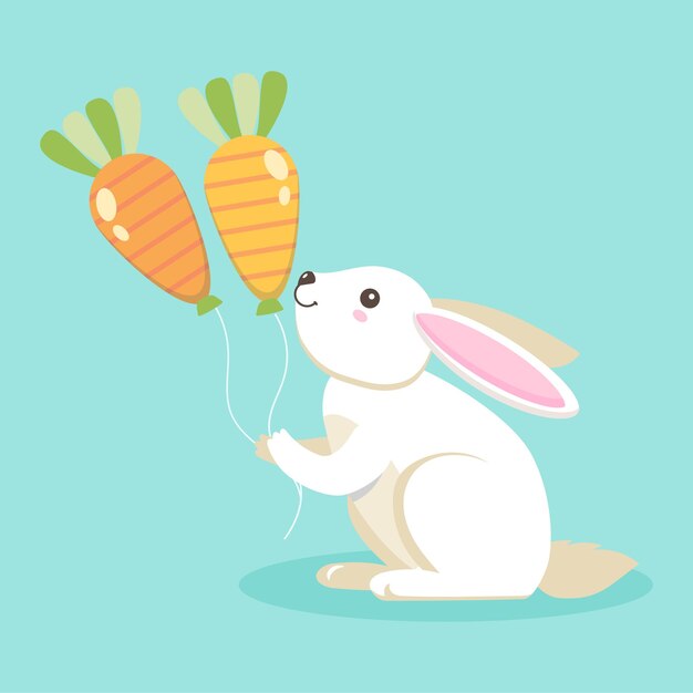 Conejo de Pascua blanco sosteniendo globos en forma de zanahoria en una ilustración vectorial plana azul claro