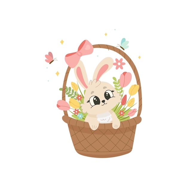 Conejo de Pascua en una canasta de flores Ilustración linda de primavera