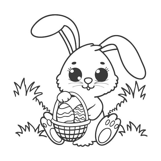 Conejo de Pascua con una canasta de huevos en la hierba