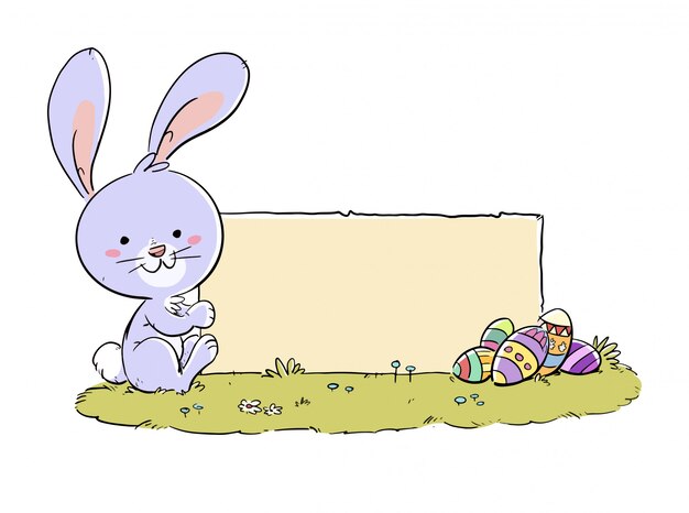 Conejo de Pascua con cartel y huevos.