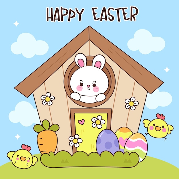 Vector el conejo de pascua en la casa kawaii dibujos animados temporada de primavera