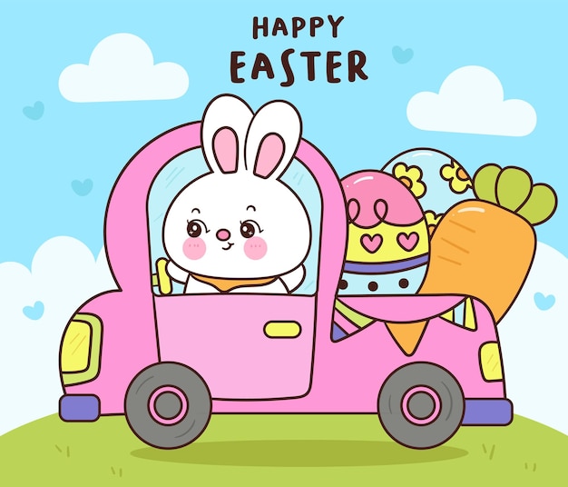 Vector conejo de pascua conejo kawaii dibujos animados tarjeta divertida y estandarte personaje de dibujos ilustrados