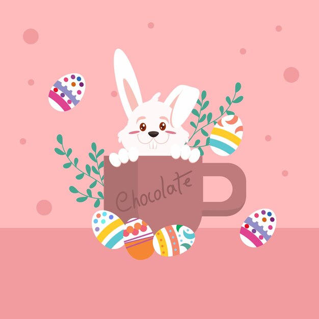 Vector conejo de pascua dentro de una taza de chocolate