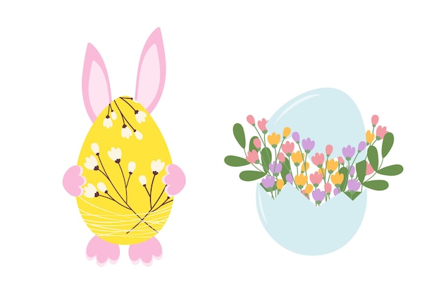 Conejo de Pascua detrás de un huevo decorativo y un ramo floral en una cáscara de huevo agrietada de diseño aislado