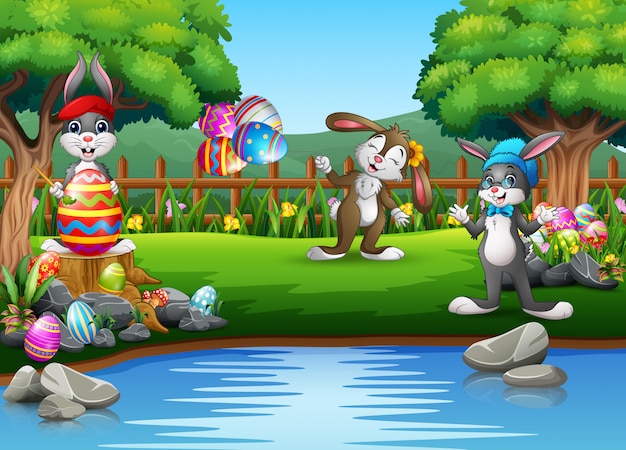 Conejo de Pascua de dibujos animados jugando en el parque