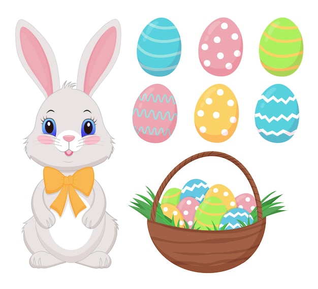 Vector conejo de pascua easter huevos huevos en una canasta aislados en un fondo blanco