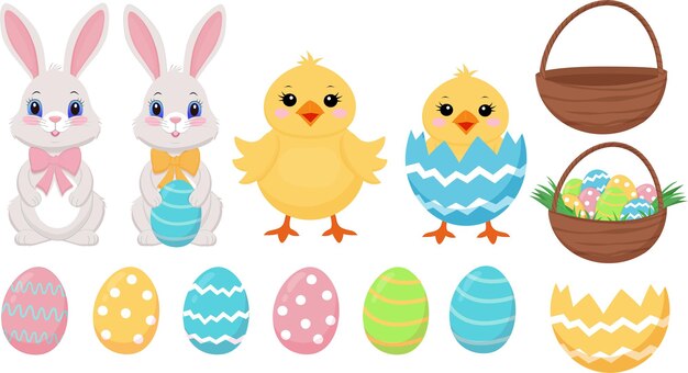 Conejo de Pascua Easter huevos huevos en una canasta aislados en un fondo blanco