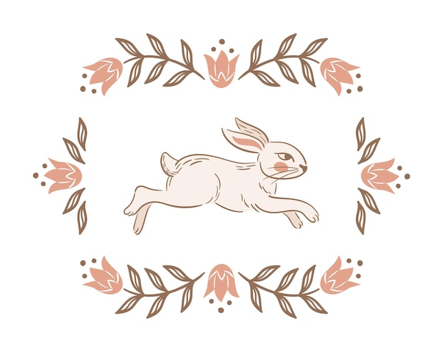 Conejo de Pascua en ejecución Vintage Tulipas en flor marco rectangular estilo Boho rústico flores populares eslavas