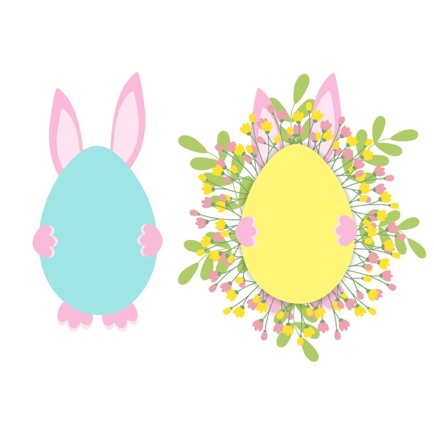 Conejo de Pascua escondido detrás del huevo de Pascua y el marco en forma de huevo con ramas de flores y hojas de primavera conjunto 2