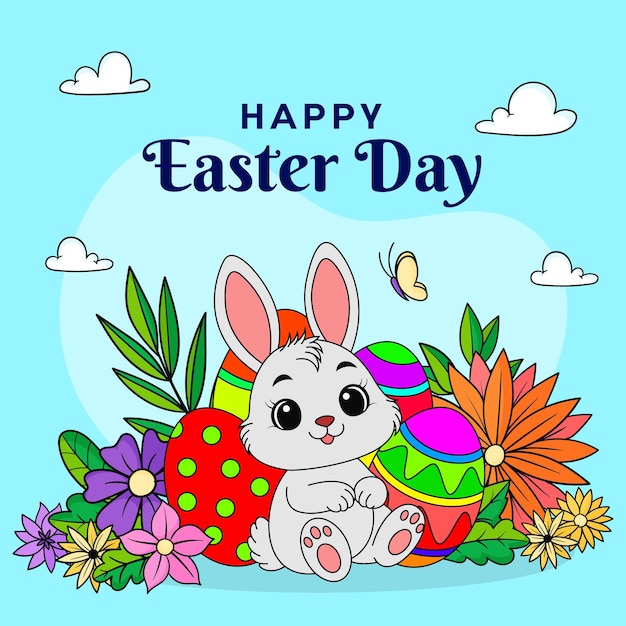 Un conejo de Pascua está sentado con huevos y flores