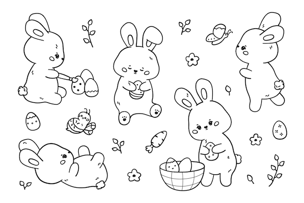 Conejo de Pascua en estilo lineal y kawaii Libro para colorear