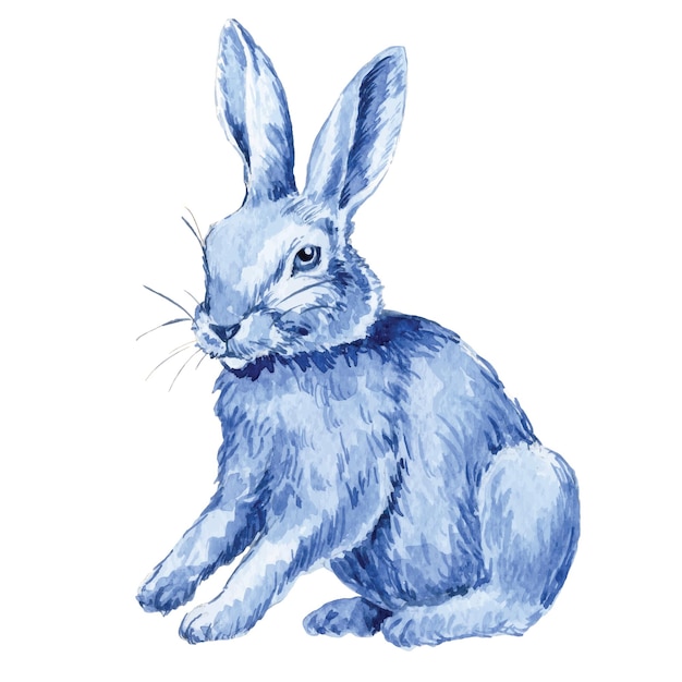 Conejo de Pascua estilo vintage acuarela dibujo liebre azul
