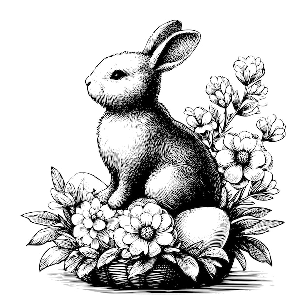 Conejo de pascua con flores y huevos boceto dibujado a mano en estilo doodle aislado sobre un fondo blanco